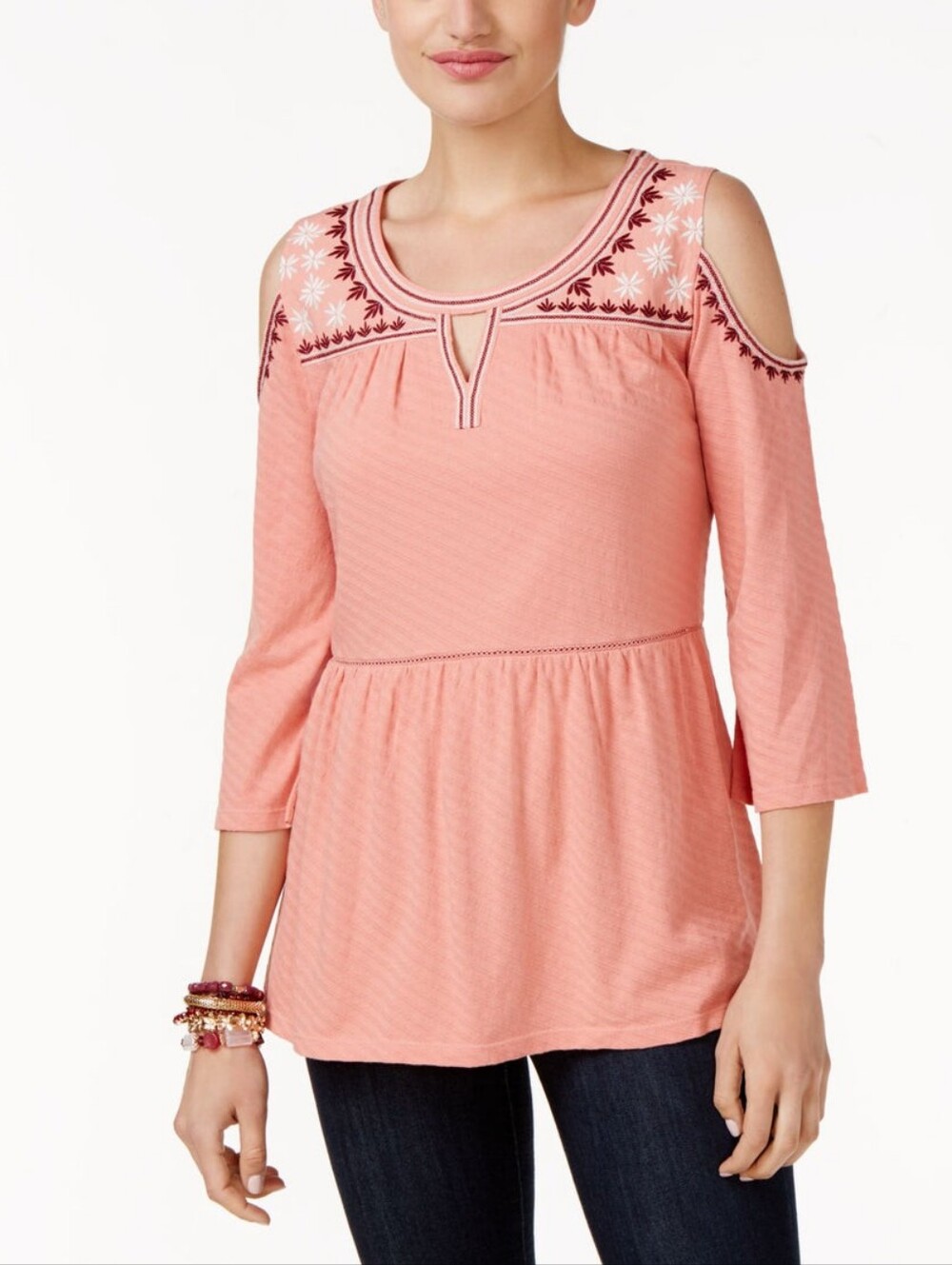 NWT Style & Co Pink Embroidered Cold-Shoulder Peasant Top Medium